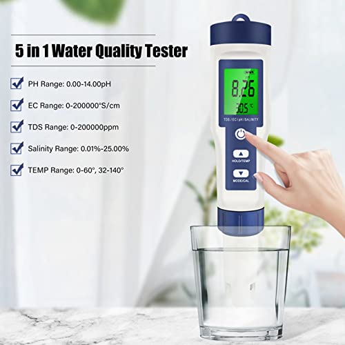 Тестер за квалитет на вода, pH соленост TEMP TDS EC EC висока точност Дигитален детектор на вода со батерија на копче за аквариум