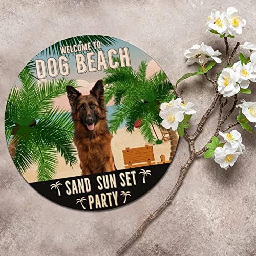 Смешно тркалезно кучиња метални калај знаци добредојде на кучиња плажа песок зајдисонце забава 'рѓосан венец знак миленичиња кучиња врата закачалка