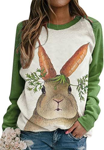 Flitay Women'sенски Велигденски основен џемпер на екипажот на вратот со долги ракави за џемпери, лежерна слатка маичка со печатење со зајаци