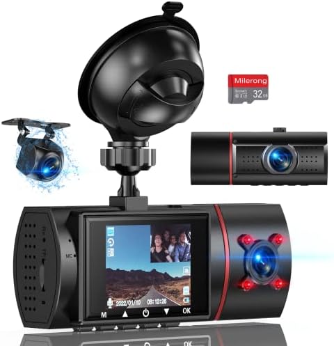 Милеронг 3 Канал Цртичка Камера Напред Внатре И Назад, Dashcam Pro Прилагодлив Објектив со 5 IR Светилки Ноќно Гледање, FHD 1080p Цртичка Камера