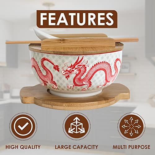 Xworld Јапонски керамички раменски чинии со тестенини поставени со керамичка лажица, бамбус стапчиња за јадење, капак и тривер,