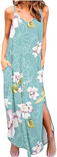 Женски обични макси фустани цветни v вратот шпагети лента за фустан без ракави поделени долги садници летен фустан на плажа