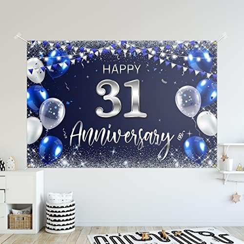 Среќна 31-годишнина Позадина Банер Декор Морнарица Сино-Сребрена Сјајот Среќен 31 Години Свадба Годишнината Партија Тема Украси