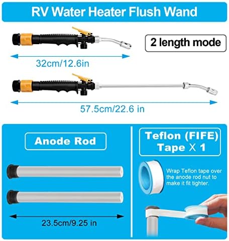 RV вода за греење на вода анода шипка и резервоарот Rinser Flush Wand комбинација 3 пакет | 9.25 L X 3/4 NPT Thread Magnesium Rod & Metal Tube
