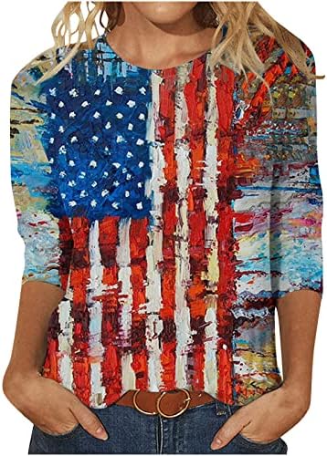 Американско Знаме 4 јули Маица Обична Пуловер Со Тркалезен Врат Со 3/4 Ракави Ѕвезди Ленти Графички Патриотски Кошули