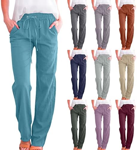 FedulkStore жени обични постелнини панталони со висока половината со долга нога долга панталони салон за влечење еластични пакувања