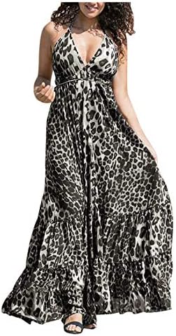 Icodod печати леопард жени кои не се позиционирани без ракави, долга фустан V-beckен женски фустан, женски фустан
