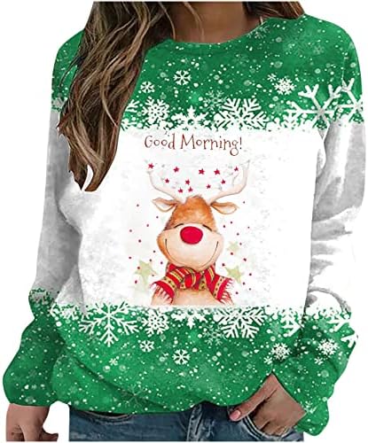 Womenенски добро утро Божиќ симпатична ирваси за џемпери на ирваси, обичен екипаж со долги ракави маички снегулка пулвер туничен