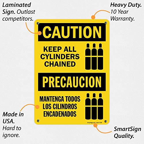 SmartSign „Внимание - Чувајте ги сите цилиндри оковани“ двојазична етикета | 10 x 14 ламинат винил