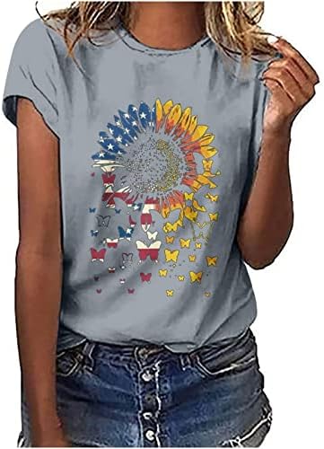 Денот на независноста маица жени Американски знаме сончогледни маички летни кратки ракави патриотски врвови - кошули од 4 јули во
