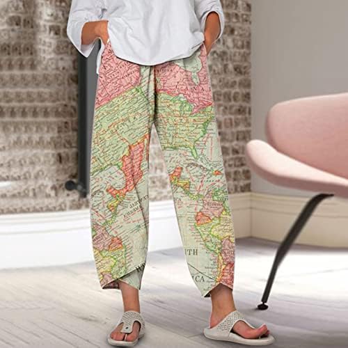 Etkiaенски жени исечени панталони широки нозе еластично-половински трендовски капри постелнина со џебови лесни панталони за летни