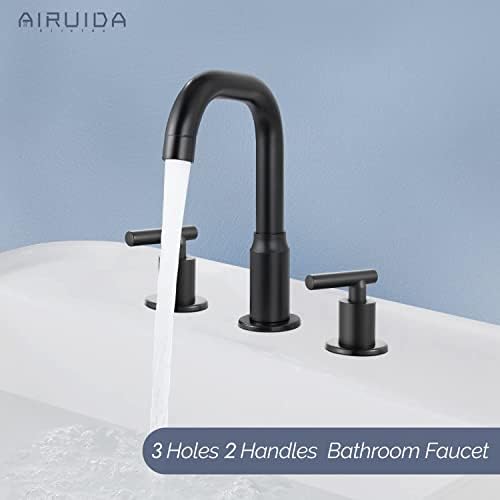 Airuida мат црна црна 8 инчи широко распространета тапа за мијалник за бања 3 дупки 360 степени вртливата Спајт 2 рачки од не'рѓосувачки