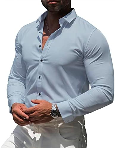Кошули за мускулни фустани за мажи на РПОВИГ: Обично копче надолу по долги ракави Еластичност Атлетска вклопна кошула без брчки