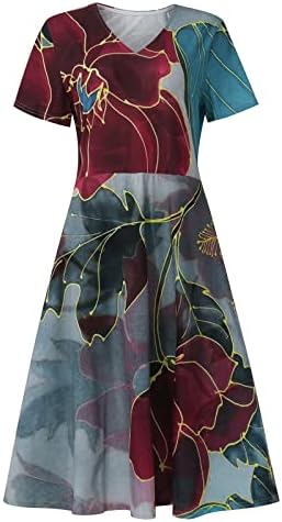 Letulенски летен летен моден моден цветен принт краток ракав за замав фустан со врзани врати