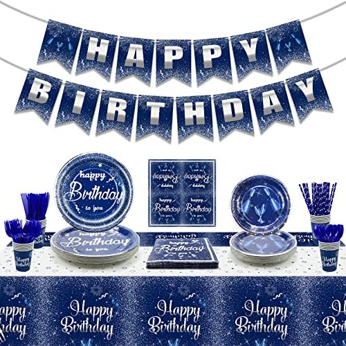 Морнарица сини и сребрени материјали за роденден, сини украси за роденденска забава за мажи, жени, вклучува среќен роденденски банер, чаршав,