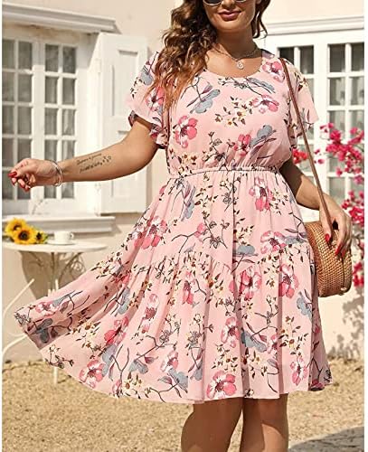 Wpoumv плус големина фустан за жени лето цветно печатење на тркалезниот врат Обичен краток ракав фустан на плажа, проток на мијалник