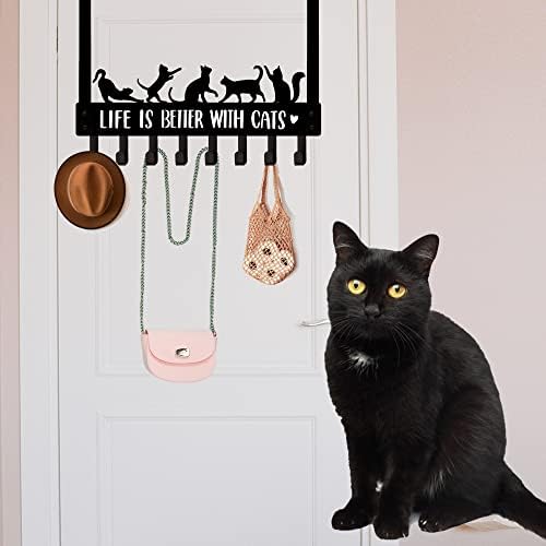 Над врата куки закачалка, решетка за палто на вратите, подароци за црна мачка за loversубители на мачки, 8 куки Декоративни пешкири