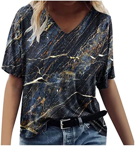 Женски летни врвови мермерни текстурирани маици за печатење лабави се вклопуваат во блуза облечен случајниот краток ракав против
