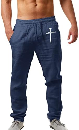 XXBR машки обични панталони памучни постелнина лето еластична половината влечење со целосна должина јога панталони Исус крст печати панталони