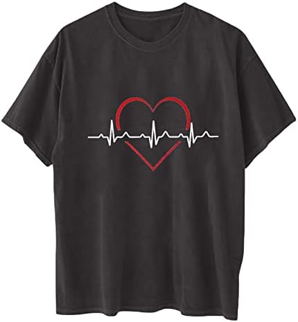 Графички маички за жени фрлаат врвови со кратки ракави на рамо, смешно срце чука случајно лабава печатена маица