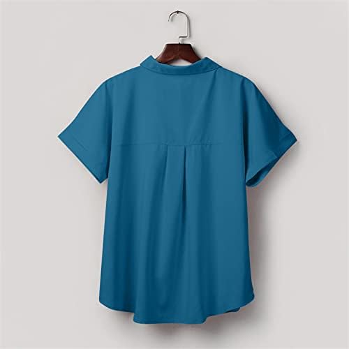 Womenените маица лето цврсто лаптоп V Блузи со кратки ракави со кратки ракави надолу со врвови со џеб плус големина лабави кошули