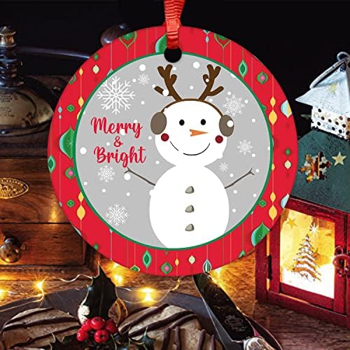 Среќен и светла кружна керамичка украс Снежен човек Божиќен рамен порцелан за бебиња нови родители Божиќни украси за дрво подарок