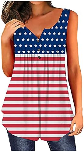 LCEPCY летни врвови на туника за жени американско знаме печатена маичка со копче V вратот, без ракави, резервоари без ракави, трендовски