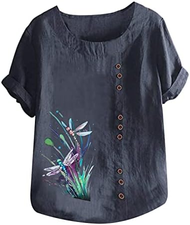 Преголеми врвови за жени памучни постелнина маички за кратки ракави модни тропски печатени кошули со кошули со кошули