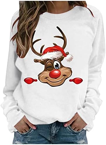 Icodod Chirstmas женски врвови Божиќни маички за печатење на елки, долги ракави, џемпер, обичен блуза пулвер
