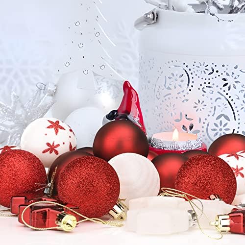 35 парчиња Гринч Божиќни топка украси вар црвено бело Божиќно дрво декори за сјајни сјајни, мат, сјајни украси со висечка јамка за декори