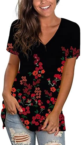 Летни обични врвови за туника за жени трендовски цветни печатени маички V вратот кратки ракави блузи 2023 фустани кошули
