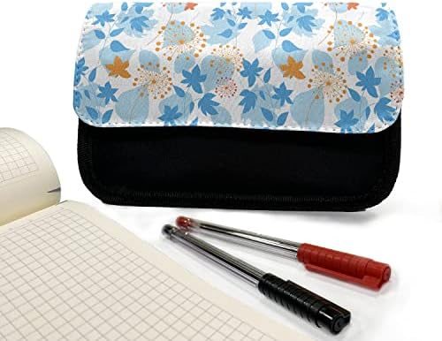 Необичен случај на цветно молив, глуварчиња и лисја, торба со молив со ткаенини со двоен патент, 8,5 x 5,5, сина портокалова