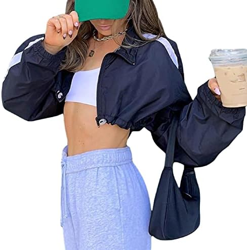 Roaonocomo жени y2k zip up јакни стојат јака тенок фит тренерки со долг ракав тркачки џек за џемпери, џемпер за улична облека за улична облека