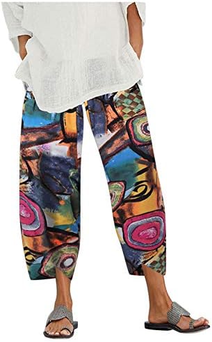 Обични панталони со капри за жени мода памук постелнина капри Пант цветни печати еластично тренингот со половината исечени панталони