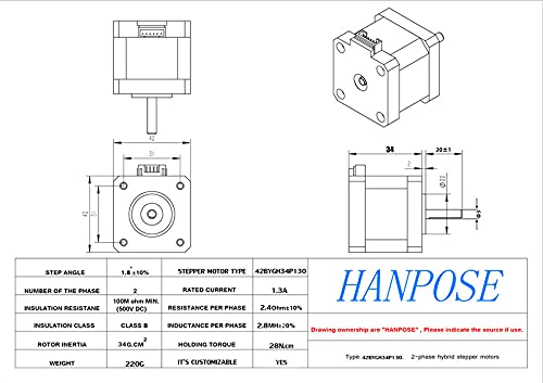 Hanpose Stepper Motor 17HS3401S NEMA 17 ЕЛЕТРСКИ СПОДЕЛУВАЕ НА ПРИРАЧНИК НА ПРИРАЧНИК 1.3A 28N.CM со 4 пински кабел за 3Д печатач