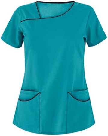 Врвови за жени со кратки ракави со кратки ракави за работа со џебови 2023 модни обични блузи