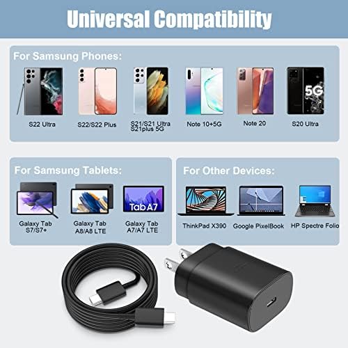 Полнач за тип C, 25W USB C Wallиден полнач Супер брзо полнење со 6,6ft USB C до C полнач кабел компатибилен со Samsung Galaxy S23/S23