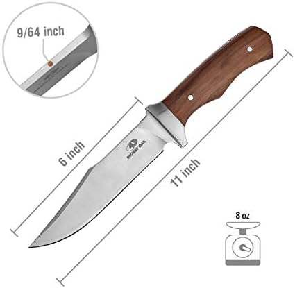 Моси даб 11-инчен фиксиран нож со фиксиран нож со кожна обвивка, сечило на точката на клип и рачка од дрво, за опстанок на отворено,