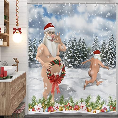 Смешна Божиќна клаузула Дедо Мраз, држејќи се божиќен венец, зелена Божиќна бор игли, модерни зимски празници бели снегулки за