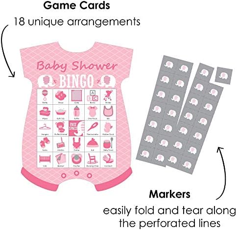 Голема точка на среќа розов слон - картички и маркери со слики од бинго - девојче бебе туш во форма на бинго игра - сет од 18