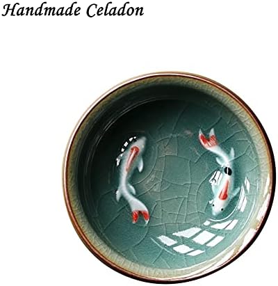 Рачно изработени Celadon Кинески Кунг Фу Чаши 2oz. Вивиед Кои Риба
