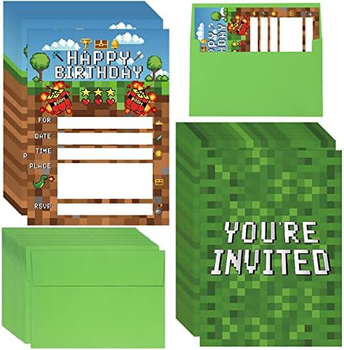 25 Парчиња Пиксел Видео Роденден Материјали Игра Тематските Партија Покани Покани Картичка Со Зелени Коверти За Момче Деца Пиксели Гејмер Партија Украси Материјал