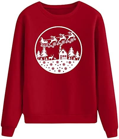 Женски џемпери и дуксери женски џемпери Среќна Божиќна лесна тркалезна јака со долги ракави печати врвен пуловер