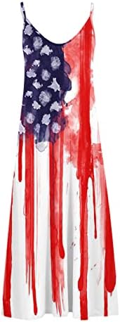 HCJKDU 4 -ти јули фустани за жени Денот на независност без ракави V вратот макси фустан случајно лабава лабава печатење на знамето