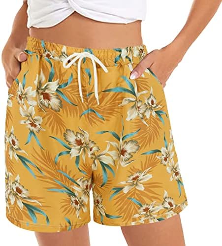 Женски обични шорцеви летни удобни шорцеви на плажа еластична половината цветни принт со 2 џебови женски шорцеви