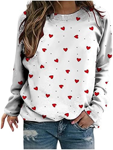 Валентин кошули за жени диско срце печати врвови облечени обични екипаж џемпер со долги ракави симпатична пулвер блуза