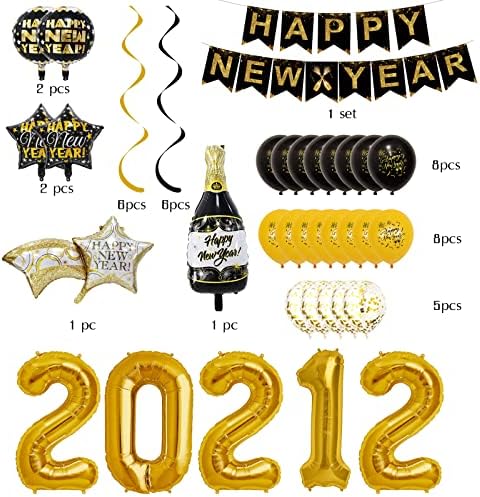 Нова Година на забавата на забавата 2022 година, Среќни новогодишни украси 2022 NYE Decor Decor, вклучувајќи среќна нова година банер, балони