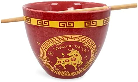 Бум Трендц година на ОКС кинескиот хороскопски керамички сад за вечера | Вклучува 16-унца раменски сад со тестенини и дрвени стапчиња