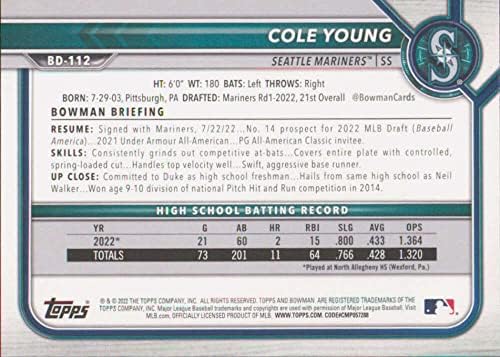 2022 Bowman Draft BD-112 Cole Young RC RC Dookie Сиетл Маринерс Официјална картичка за тргување со бејзбол