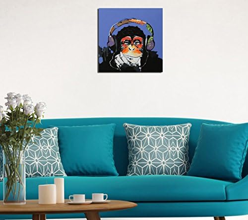 Fokenzary рачно насликано сликарство на платно поп уметност симпатична мајмун горила слушање музика со слушалки врамени